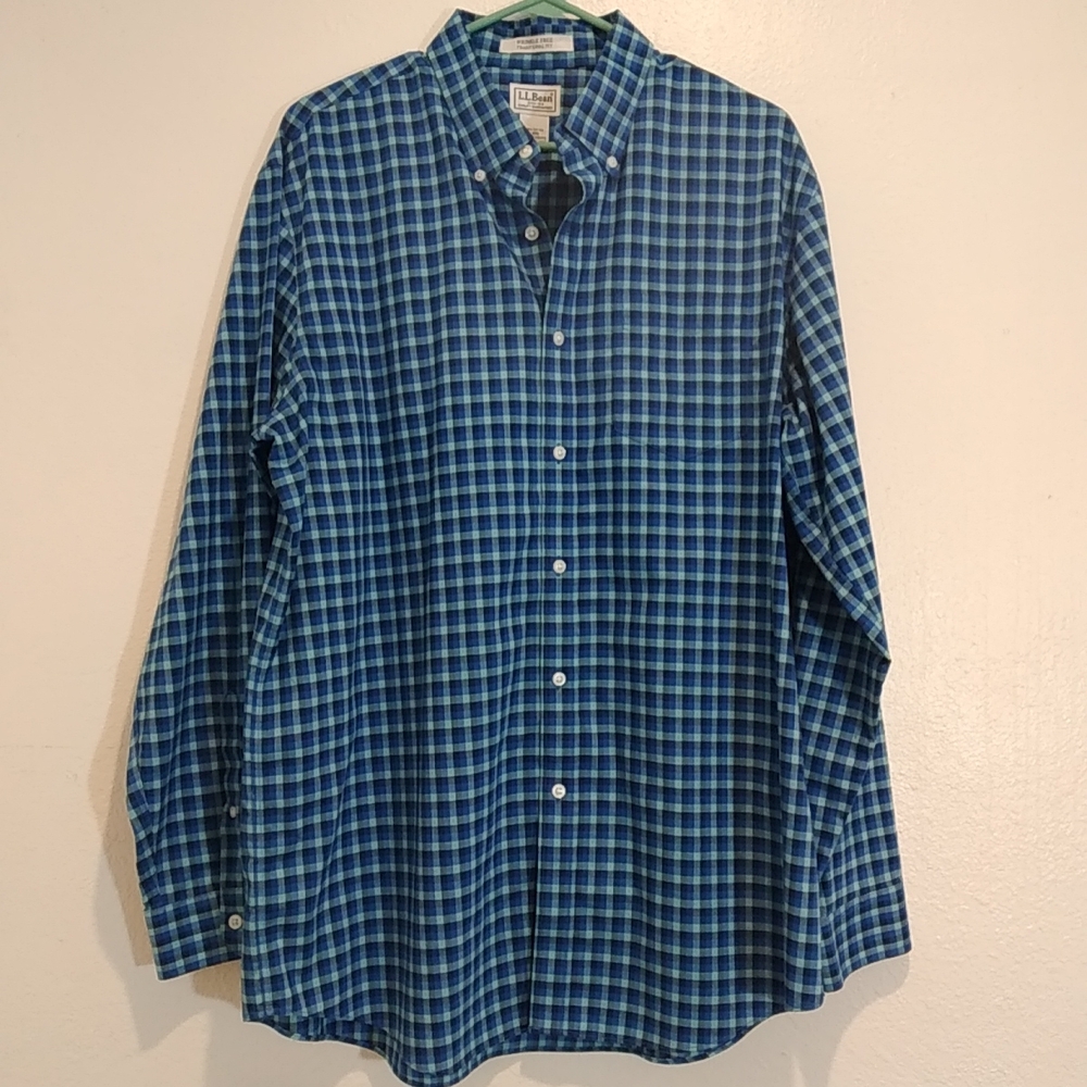 L.L. Bean Blue Plaid Gingham Button Down Long Sleeve Shirt Size Large Reg